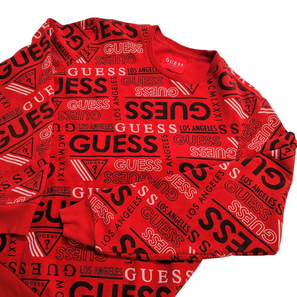 Vintage Guess All Over Logo Print Retro 90's‎ Crewneck Sweatshirt Red Men's  L